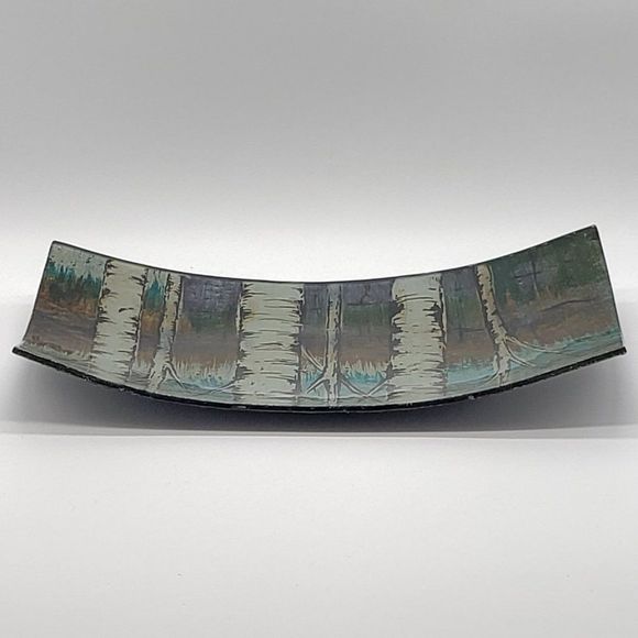 𝅺Reverse Hand Painted Birch Tree Forest Art Glass Console Plate - Picture 3 of 11